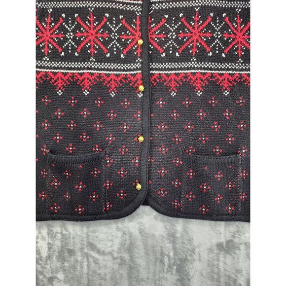 Vintage Crystal-Kobe Snowflake Cardigan Sweater L PETITE Black Red Gold Buttons - Picture 2 of 8